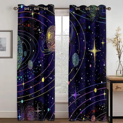 3D Modern Blue Planet Night Sky Galactic Star Aliens Kind 2 Stuks Gratis Verzending Schaduwgordijn Voor Woonkamer Slaapkamer W50xH130(CM)x2PCS-Grommet Top