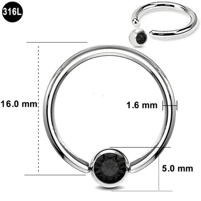 Ball Closure Piercing Ring – 1.6 mm Dikte – 16.0 mm Diameter – Chirurgisch Staal - Zwarte steen