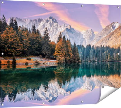 Gards Tuinposter Meer met Weerspiegeling van de Bergen - 120x90 cm - Tuindoek - Tuindecoratie - Wanddecoratie buiten - Tuinschilderij