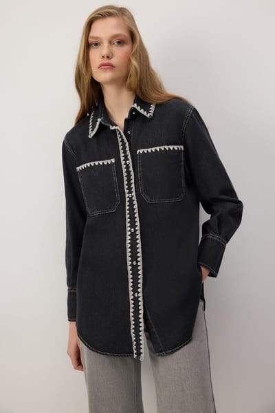 Touché Privé - Geborduurde denim blouse - Antraciet - Dames