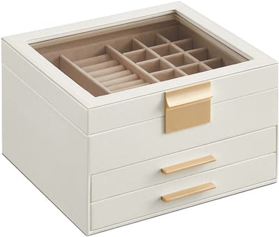 Sieradendoos Opbergdoos voor sieraden met 2 laden en meerdere vakken in verschillende maten Zachte voering ter bescherming van uw spullen Grote capaciteit met diverse opbergmogelijkheden 23,1 x 20,3 x 13,5 cm Wit