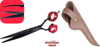 Professionele Hondenschaar – Ergonomische Kromme Trimschaar – Zwart/Rood – Voor Vacht- & Pootverzorging van Langharige Honden – Inclusief Luxe Lederen Etui – 16,5 cm – Brons