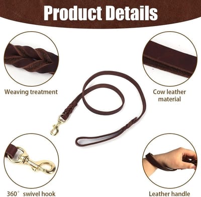Dailygoods- Hondenriem Leer - 1,2/2,6 m Verstelbaar - Robuuste Sluiting - Zachte Grip - Geschikt voor Grote/Middelgrote/Kleine Honden - 360° Draaiende Haak - Hondentouw