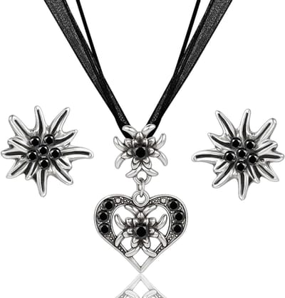 Traditionele Beierse kostuumjuwelen voor vrouwen, Edelweiss sieradenset met harthanger en strass, perfect voor dirndl outfits en feesten