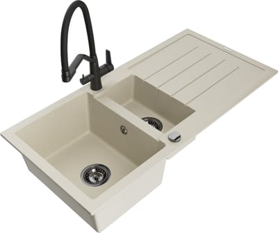 Mexen Andres granieten spoelbak 1,5-komorige met afdruiprek en Duo keukenmengkraan, beige - 6515-69-671701-70-B