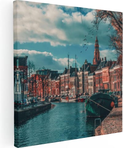 Artaza Canvas Schilderij Stad - 30x30 cm - Klein - Wanddecoratie Groningen - Muurdecoratie Boot - Kamer Accessoires