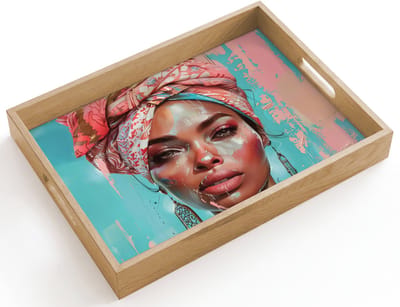 Dienblad hout 40x30 cm - Schootdienblad - Vrouw - Portret - Blauw - Roze - Modern - Borrelplank rechthoek - Plateau dienbladen