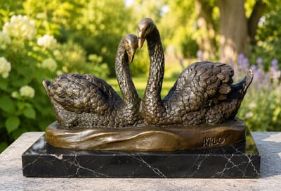 ZWANEN / BRONZEN BEELD OP MARMEREN VOET / BRONS / ZWAAN / VOGEL
