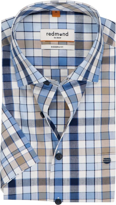 Redmond modern fit overhemd - korte mouw - chambray - blauw met wit en beige geruit