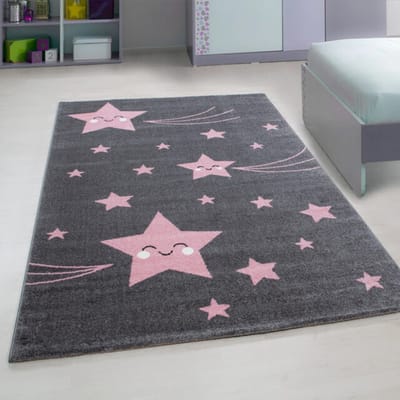 Muratap Kids sterren vloerkleed kinderkamer roze / grijs laagpolig- 80x150 cm