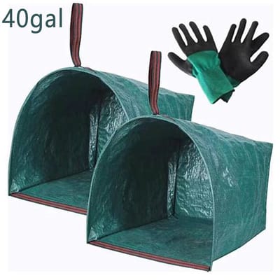 Set van 2 tuinafvalzakken van 150 liter (40 gallon) met 1 paar tuinhandschoenen - Stevige tuinafvalzakken met grote opening in stoffer-stijl | Opvouwbare- herbruikbare container voor bladeren- grasmaaisel- kamperen- feestjes en de was