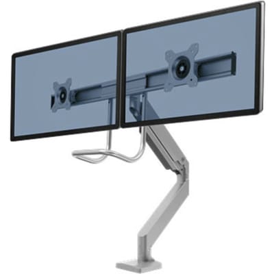 Fellowes® Eppa™ monitor arm, voor 2 beeldschermen tot 32" & tot 8 kg elk, in hoogte verstelbaar/zwenk/kantel, dwarsbalk ontwerp, kabelgeleider, tafelklem, zilver
