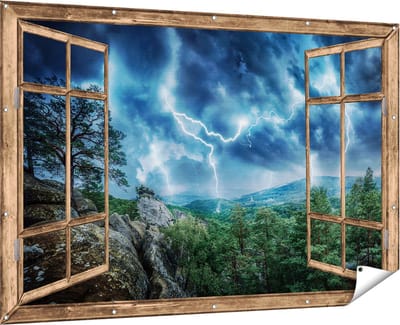Gards Tuinposter Doorkijk Onweer in het Bos - Bliksem - 180x120 cm - Tuindoek - Tuindecoratie - Wanddecoratie buiten - Tuinschilderij