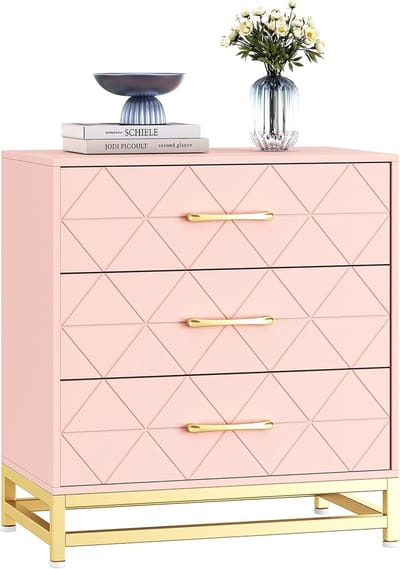 Moderne Roze Commode met 3 Laden - Luxe Ladekast met Gouden Details - Metalen Poten - Opbergkast voor Slaapkamer, Kinderkamer & Woonkamer - 73 cm Hoog
