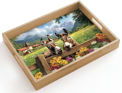 Dienblad hout 40x30 cm - Schootdienblad - Ezels - Bloemen - Zomers - Borrelplank rechthoek - Plateau dienbladen
