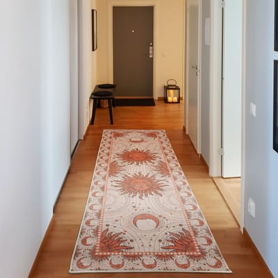 ABAKUHAUS Vloerkleed - Woonkamer Tapijt – zon en maan – Hoogpolig – 76 x 229 cm – Siena Umber