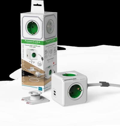 PowerCube Extended DUO USB - 1,5 meter kabel - wit/groen- 4 stopcontacten - 2 USB laders - Type F - stekkerdoos - stekkerblok - telefoonlader - oplader