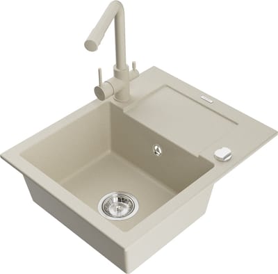 Mexen Enzo granieten gootsteen 1-komorige met afdruiprek en keukenmengkraan Duero, beige - 6506-69-671600-69