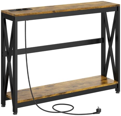 Roossentials consoletafel - Industrieel - Tafel - Smalle bijzettafel - Met laadstation - Hout - Rustiek bruin - Consoletafel voor hal, woonkamer of entree