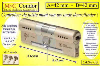 M&C Condor - High Security deurcilinder - SKG*** - 42x42 mm - Politiekeurmerk Veilig Wonen  -  inclusief gereedschap montageset