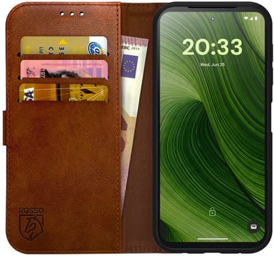 Rosso Element Geschikt voor Fairphone 6 / 6+ | Wallet Book Case | Portemonnee Hoesje | 3 Pasjes | Magneetsluiting | Stand Functie | Bruin