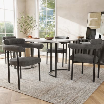DESMIU Eetkamerstoel - Set Van 4 - Donkergrijs - Met Armleuning En Gewatteerde Zitting - Modern Voor Eetkamer, Woonkamer En Kantoor - Stof - Metaal
