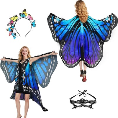 Vrouwelijk Carnaval Kostuum met Vlinder Kostuum Accessoires - Twee Fases, Cape, Gezichtsmasker en Haarband voor Feestelijke Gelegenheden