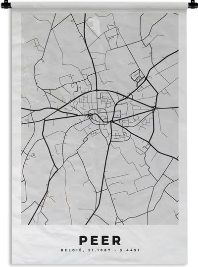 Wandkleed - Wanddoek - België – Peer – Stadskaart – Kaart – Zwart Wit – Plattegrond - 120x180 cm - Wandtapijt