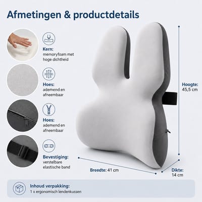Gloovon® - Ergonomisch Rugkussen - Rugkussen onderrug - Verstelbaar - Lendekussen - Rugsteun Auto - Geschikt voor bureaustoel, auto en sofa - Blauwe mitong-stof