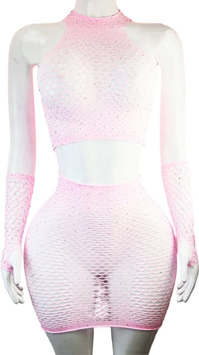 BamBella® - 2 delig set - Onesize - Erotische sexy set rok met top handschoenen doorzichtig kant - Super Stretch Roze met steentjes
