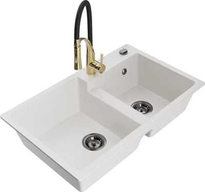 Mexen Tomas granieten gootsteen 2-kamer met keukenmengkraan Aster, wit - 6516-20-73450-57-B