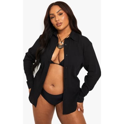 boohoo Dames Plus gerimpeld katoenen strandhemd | Zwart | Maat: 46