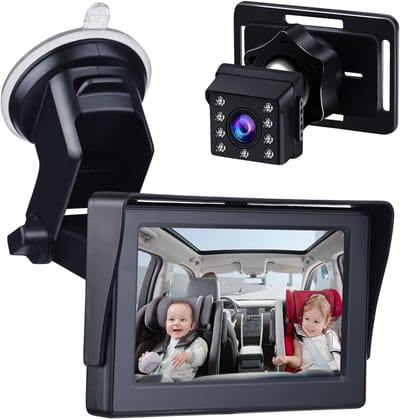 2026 4.3 Op maat gemaakte babyfoon met grote zuignap en 8 lampjes, HD1080P full-color infrarood babyfoon voor in de auto