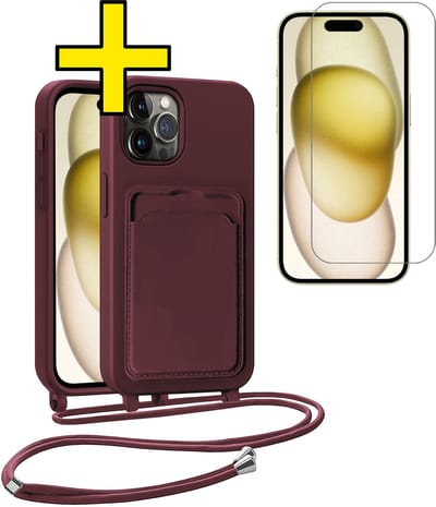 Hoesje Geschikt voor iPhone 14 Pro Telefoonhoesje Met Koord Case Pashouder Met Screenprotector Siliconen - Hoes Geschikt voor iPhone 14 Pro Hoesje Met Kaarthouder - Aubergine