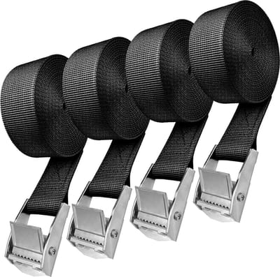 Spanbanden 4 stuks, 2,5 m spanbanden met klemsluiting, sjorbanden, belastbaar tot 250 kg, verstelbare bevestigingsriem voor fiets, motorfiets, bagagepakket, camping (zwart)