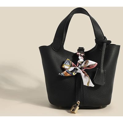 Lente Dames Tas Commuting Mode Emmer Tas Effen Kleur Mand Tas Zijden Sjaal Hanger Handtas zwart