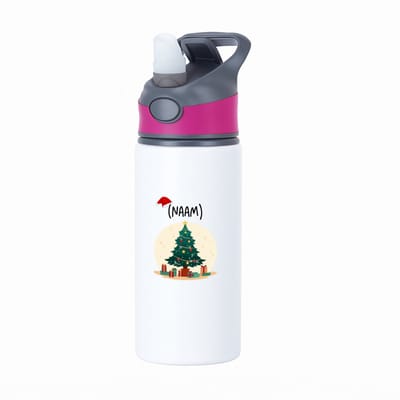 Hacebo® - Kerst kerstboom met eigen naam waterfles met rietje roze - Kerstmis - Kerst beker - winter - kerst - christmas - kerst cadeau - water fles - 650ML