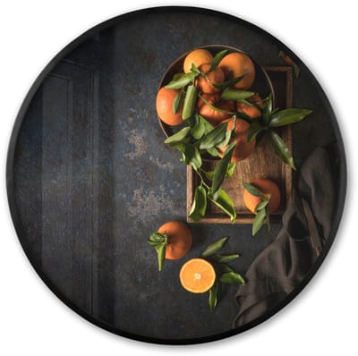 Poster in lijst Rond - Fotolijst 60x60 cm - Posters - Sinaasappels - Bladeren - Oranje - Stilleven - Ronde posterlijst zwart - Decoratie - Wanddecoratie woonkamer - Muurdecoratie slaapkamer