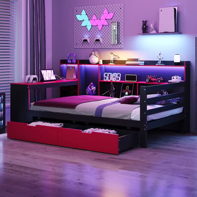 Houten slaapbank 90x200 cm, met bureau, boekenplank, opbergvakken en planken, geïntegreerde verlichting en stopcontacten, lades, multifunctioneel houten bed, zwart + rood
