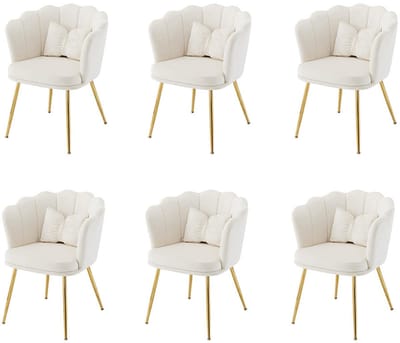 BLACKCOLORS Set van 6 moderne fluwelen salonstoelen, badkamerstoelen, gestoffeerde stoelen met bloembladvormige rugleuning, vergulde metalen poten en vlinderkussens voor de slaapkamer-eetkamer