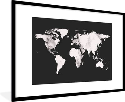 Fotolijst incl. Poster - Wereldkaart - Marmer - Wit - 90x60 cm - Posterlijst