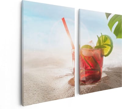 Artaza Canvas Schilderij Tweeluik Cocktail Mix Drankje op het Strand  - 80x60 - Foto Op Canvas - Canvas Print