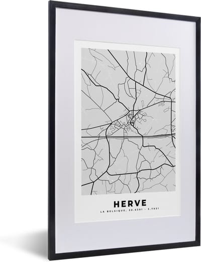 Fotolijst incl. Poster Zwart Wit- België – Herve – Stadskaart – Kaart – Zwart Wit – Plattegrond - 40x60 cm - Posterlijst