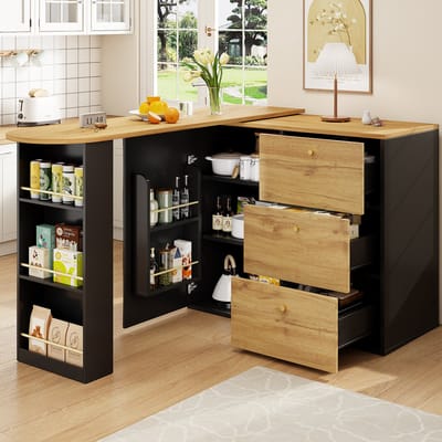 MODENUIT Bartafel - Uitschuifbaar En Draaibaar Met Opbergruimte - Voor Keuken - MDF - Zwart - 138-204x39x104 cm