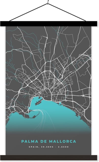 Posterhanger incl. Poster 40x60 cm - Schoolplaat - Mallorca - Stadskaart - Plattegrond - Kaart - Blauw - Textielposter - Zwarte latten - Stadskaart