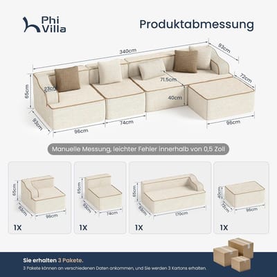 L-vormige Modulaire Slaapbank 5-Zits 340x165x65 cm – Boneless Cloud Bank met Corduroy Bekleding, Schuimvulling, Zonder Montage, Inclusief Kussens – Laura