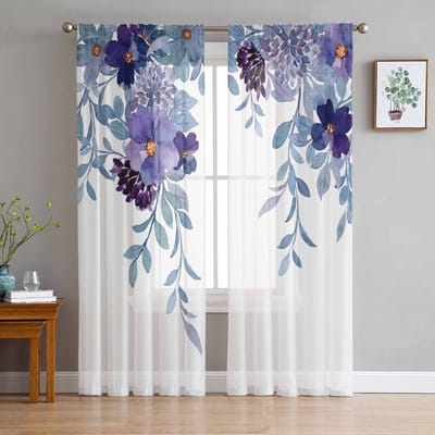 Plattelandsplanten Bloemen Aquarellen Slaapkamergordijnen Tule Transparant Gordijn Woonkamer Huisdecoratie Voile Gordijnen 135W x 114H(cm) gray