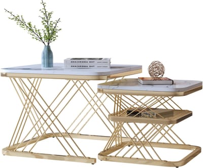 Salontafelset van 2 - 60 & 45 cm - Wit marmerlook - Gouden poten - Salontafelset