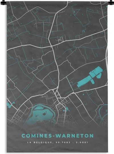 Wandkleed - Wanddoek - Plattegrond – Comines Warneton – Blauw – Stadskaart - Kaart - 120x180 cm - Wandtapijt
