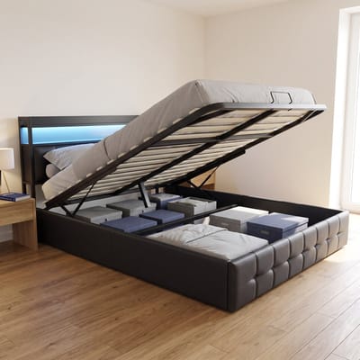 Gestoffeerd Tweepersoonsbed - Opbergbed 140x200 cm met lattenbodem - met LED en USB - Kunstleer - Modern - Zwart